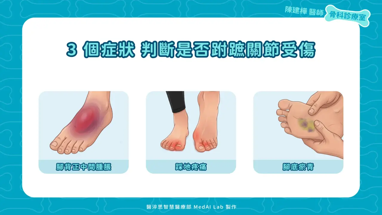 3個症狀判斷是否跗蹠關節受傷：腳背正中間腫脹、踩地疼痛、腳底瘀青